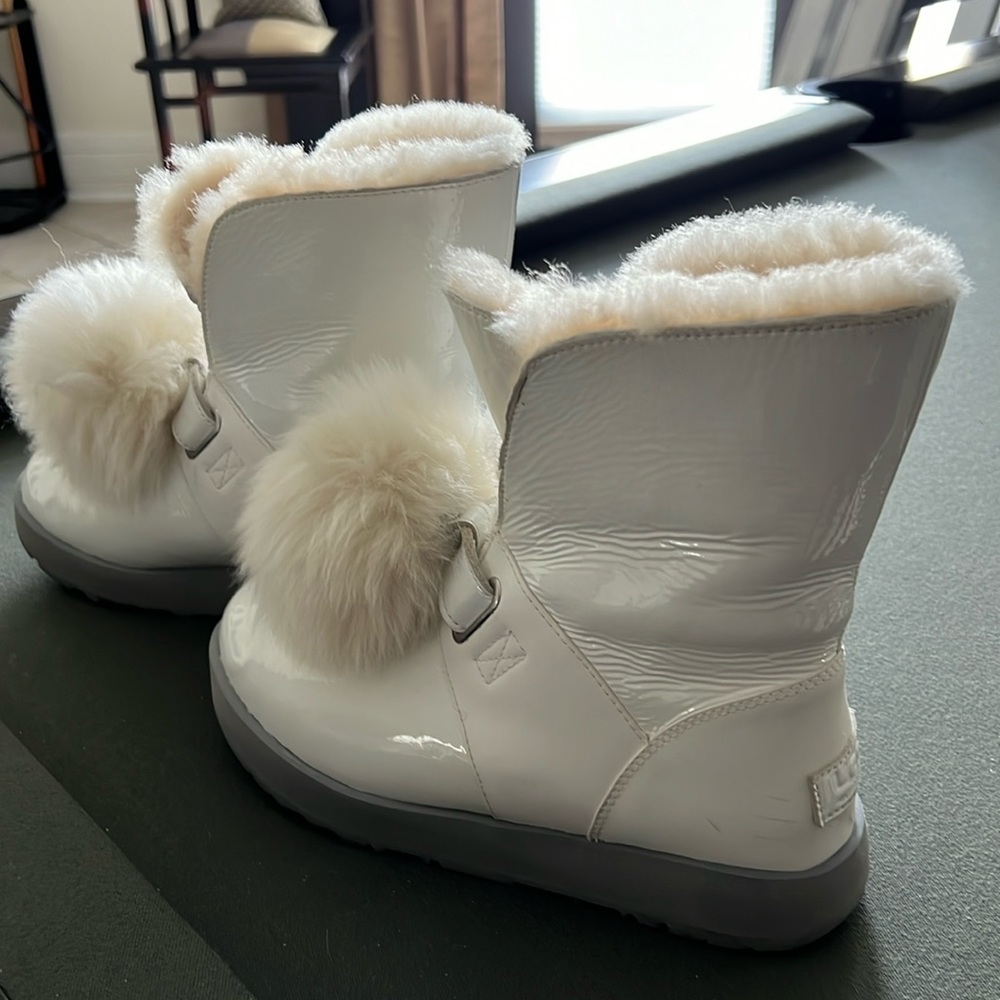 Ugg Isley Patent Leather White Waterproof Pom Pom Short Boots